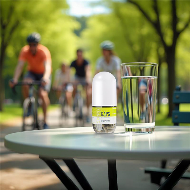 SKINNY GREEN CAPS on table with people cycling in the background